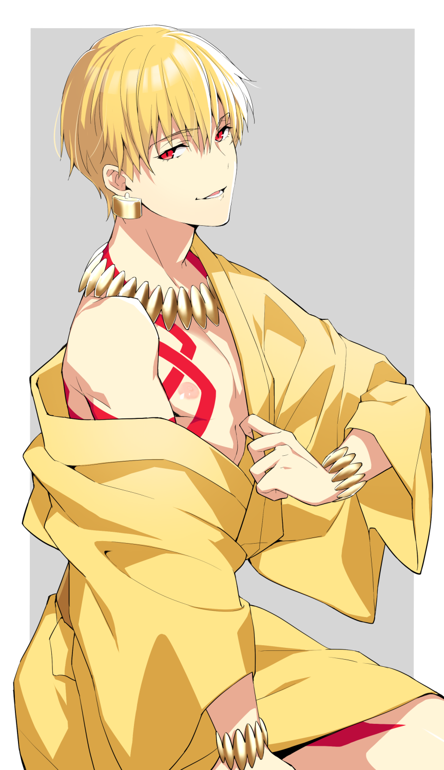 1boy blonde_hair bracelet earrings eyebrows_visible_through_hair fate/stay_night fate_(series) gilgamesh grey_background highres jewelry lock_earrings long_sleeves looking_at_viewer male_focus natsuko_(bluecandy) nipples off_shoulder parted_lips red_eyes simple_background single_bare_shoulder smile solo tattoo wide_sleeves