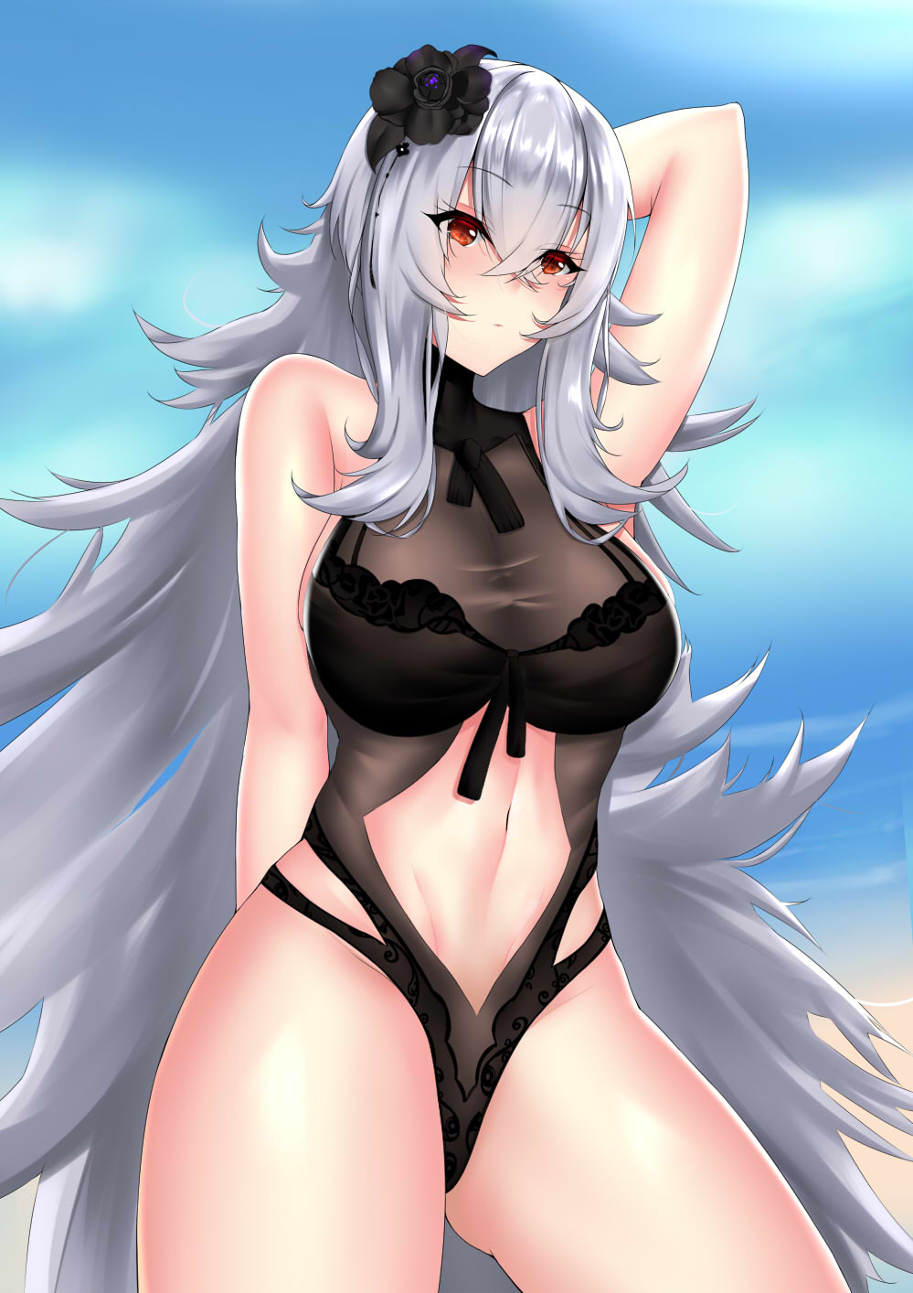 1girl arm_up artist_request azur_lane bangs black_swimsuit blue_sky breasts flower graf_zeppelin_(azur_lane) hair_between_eyes hair_flower hair_ornament highres hips large_breasts long_hair navel navel_cutout one-piece_swimsuit red_eyes silver_hair sky solo swimsuit thighs waist