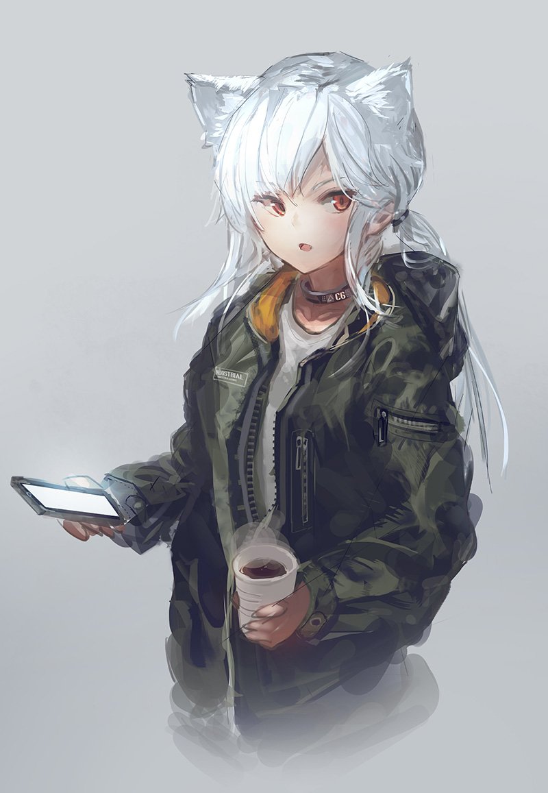 1girl animal_ears cellphone choker commentary_request cup green_jacket grey_background holding holding_cellphone holding_phone inabi jacket long_hair long_sleeves open_clothes open_jacket original parted_lips phone red_eyes shirt simple_background smartphone solo steam upper_body white_hair white_shirt