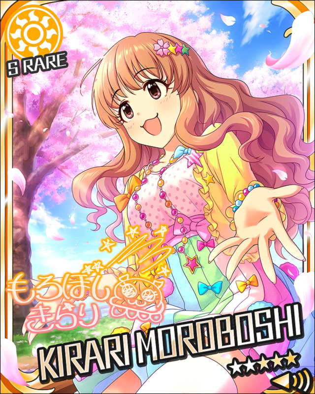 blush brown_eyes brown_hair character_name dress idolmaster idolmaster_cinderella_girls long_hair moroboshi_kirari sakura smile spring stars