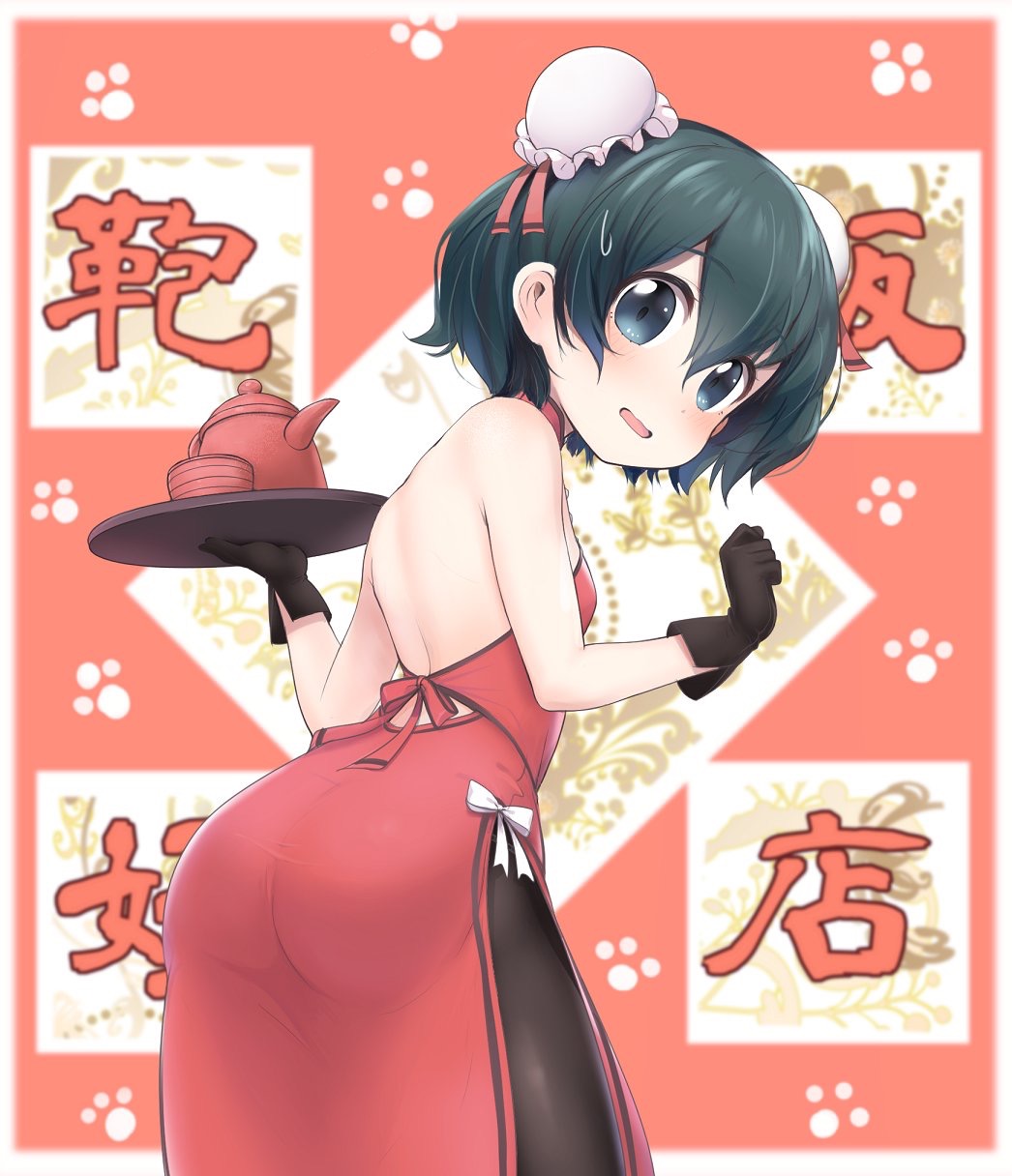 1girl ass backless_outfit bare_back bare_shoulders black_eyes black_gloves black_legwear blush bun_cover china_dress chinese_clothes commentary cup double_bun dress eyebrows_visible_through_hair from_behind gloves green_hair highres kaban_(kemono_friends) kemono_friends leaning_forward looking_at_viewer looking_back open-back_dress open_mouth pantyhose ransusan red_dress short_hair solo sweatdrop teapot tray