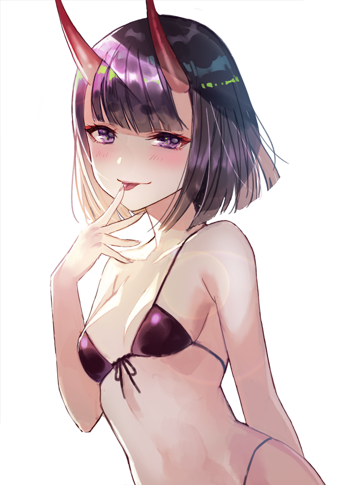 1girl :p bikini blush breasts bright_pupils cleavage dutch_angle eyeliner fate/grand_order fate_(series) finger_to_mouth front-tie_bikini front-tie_top hikimayu horns lens_flare looking_at_viewer makeup purple_bikini purple_hair shiny shiny_hair short_hair shuten_douji_(fate/grand_order) simple_background small_breasts solo string_bikini swimsuit terai_(teraimorimori) tongue tongue_out violet_eyes white_background