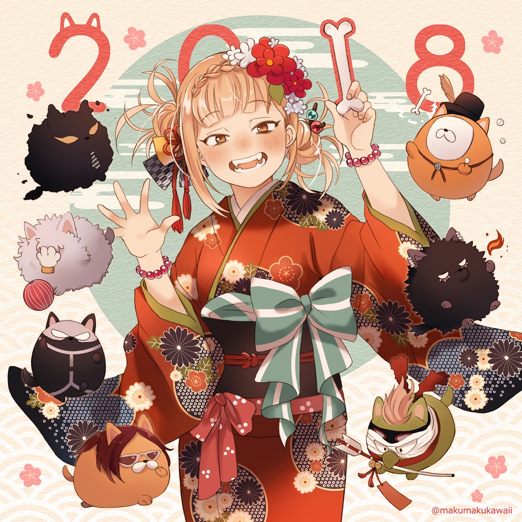 1girl 2018 :d animalization bangs bead_bracelet beads black_hat blonde_hair blue_bow blunt_bangs blush boku_no_hero_academia bone bow bracelet braid bubaigawara_jin character_request dabi_(boku_no_hero_academia) dated dog double_bun fangs fire floral_print flower hair_flower hair_ornament hair_ribbon hand_up hat hikiishi_kenji holding holding_bone iguchi_shuuichi jewelry looking_at_viewer nanaminn open_mouth ribbon sako_atsuhiro shigaraki_tomura smile standing sunglasses toga_himiko top_hat twitter_username