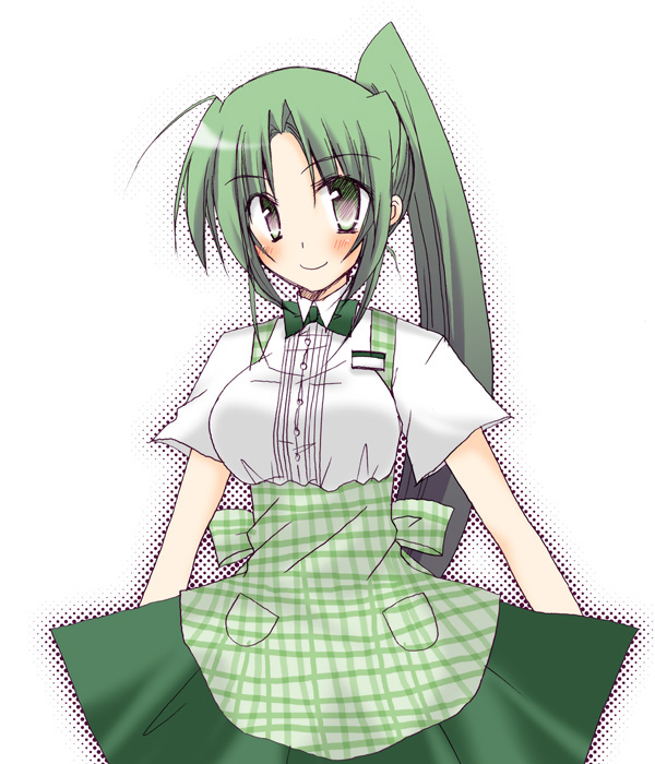 bad_id green_eyes green_hair higurashi_no_naku_koro_ni insuto koubeya_uniform long_hair ponytail sonozaki_mion waitress
