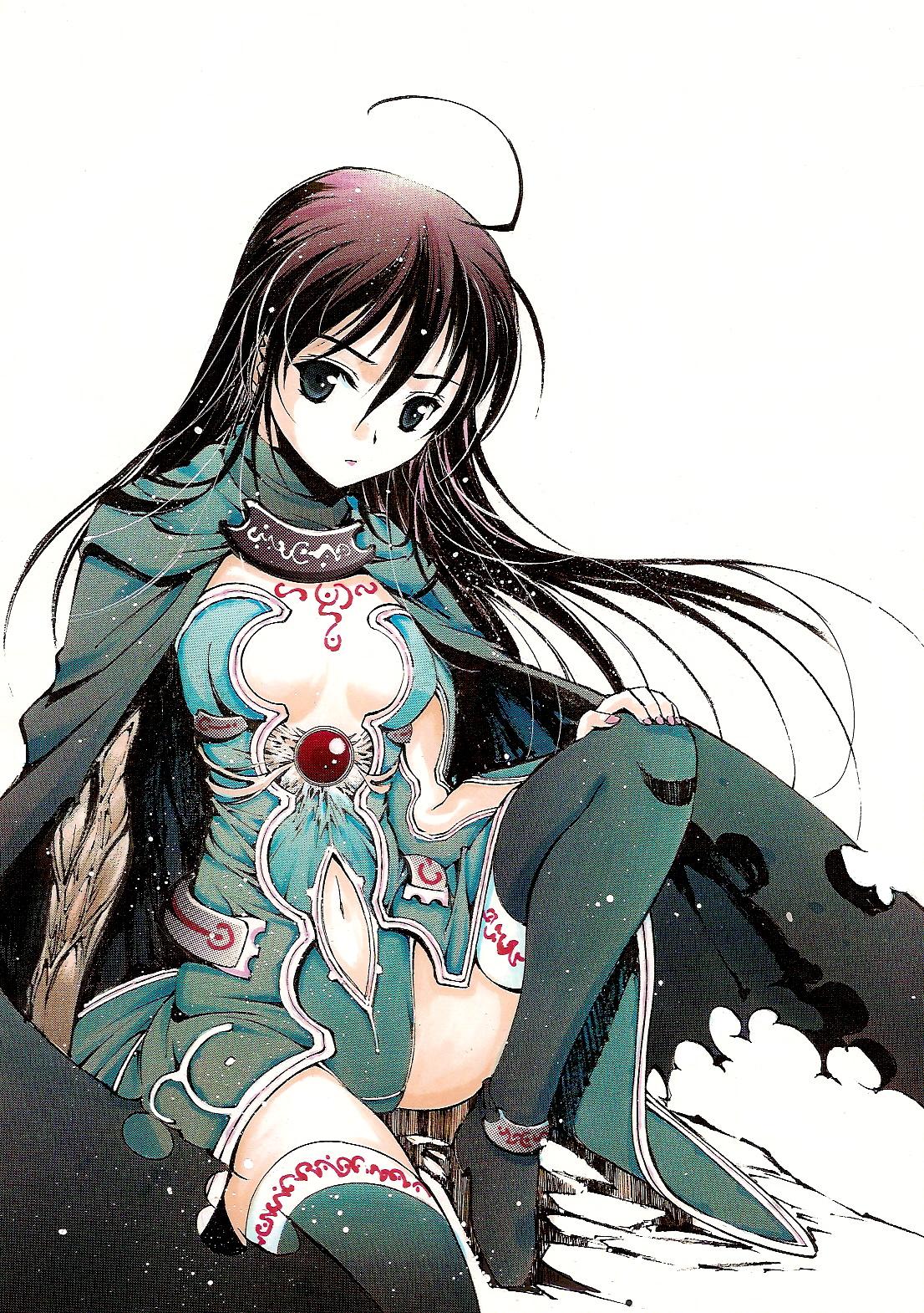 breasts cape cleavage highres kneeling long_hair moonsorrow navel original thigh-highs thighhighs