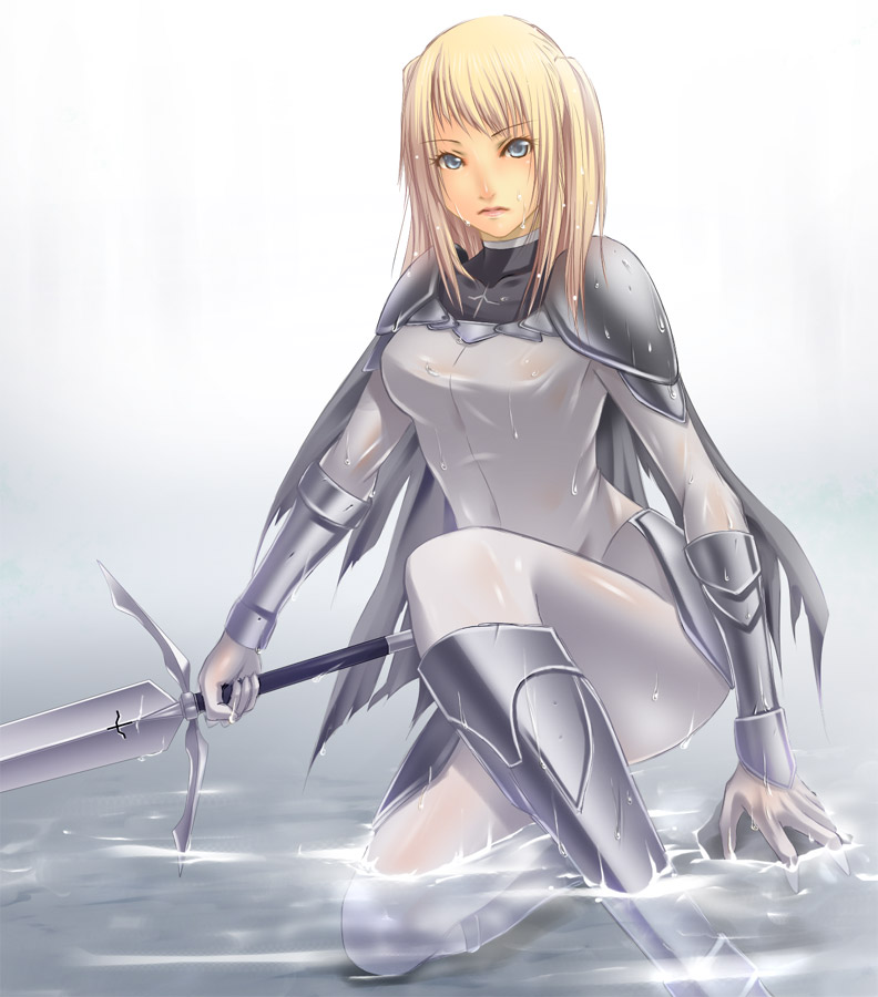 blonde_hair blue_eyes bodysuit boots claymore claymore_(sword) dietrich knee_boots kneeling mogu sword water weapon wet wet_clothes