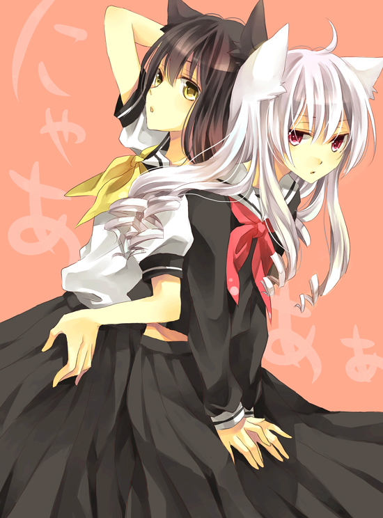 animal_ears bad_id black_hair cat_ears karu long_hair multiple_girls original red_eyes school_uniform serafuku silver_hair yellow_eyes yuzuki_karu