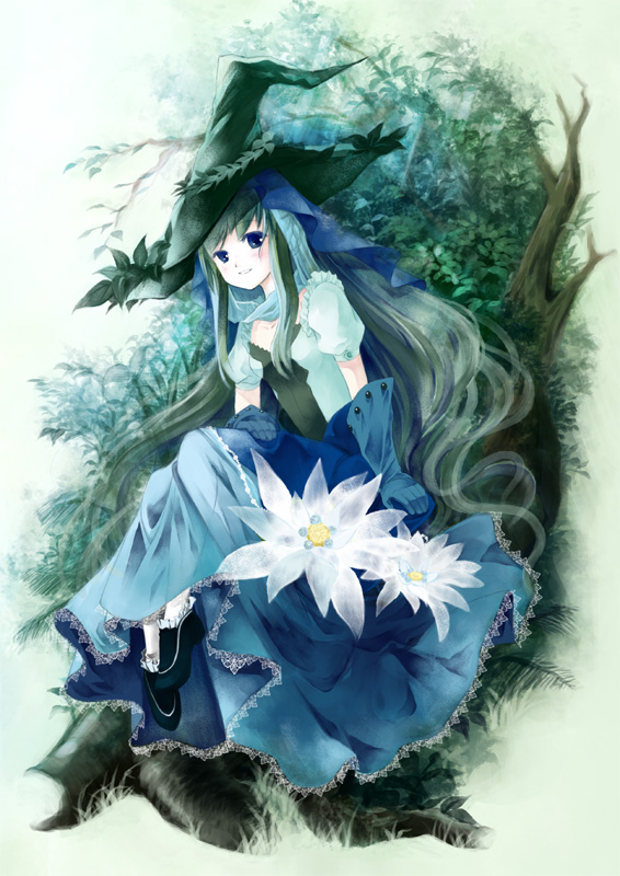 dress flower gloves green_hair hat kaedena_akino long_hair original tree very_long_hair witch_hat