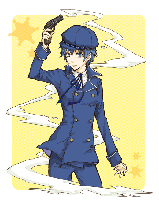 androgynous blue_eyes blue_hair cabbie_hat gun handgun hat persona persona_4 pistol reverse_trap revolver school_uniform shirogane_naoto short_hair solo umechiui weapon