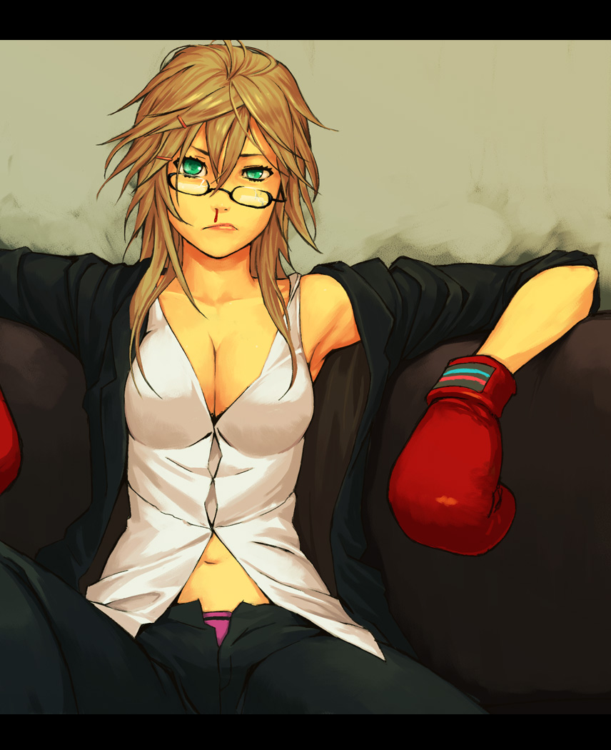 1girl and aqua_eyes armpits blazer blood boxing_gloves breasts brown_hair cleavage glasses green_eyes hair_ornament hairclip mustard_seeds navel nosebleed open_fly open_zipper original shirt sleeves_rolled_up solo tomboy unzipped zipper