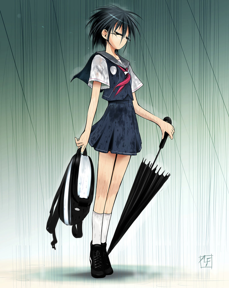 alf874 backpack bag black_hair glasses rain school school_uniform schoolgirl short_hair umbrella