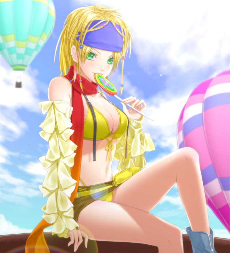 bikini blonde_hair breasts candy cleavage final_fantasy final_fantasy_x final_fantasy_x-2 green_eyes hot_air_balloon lollipop navel rikku solo swimsuit swirl_lollipop