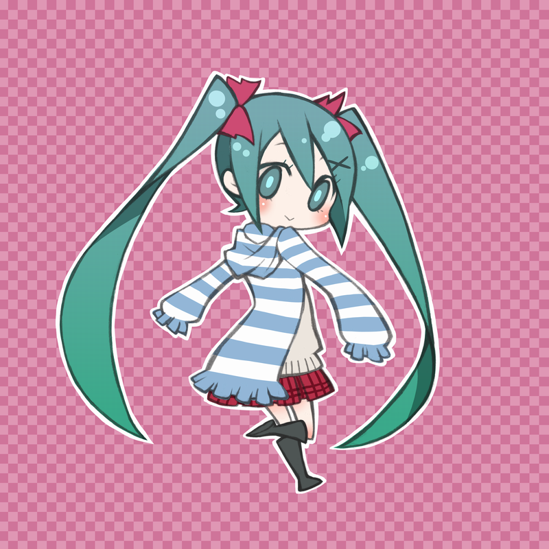 bad_id blush boots green_eyes green_hair hajimete_no_koi_ga_owaru_toki_(vocaloid) hatsune_miku hoodie koushi_rokushiro plaid striped tartan twintails vocaloid when_the_first_love_ends_(vocaloid)