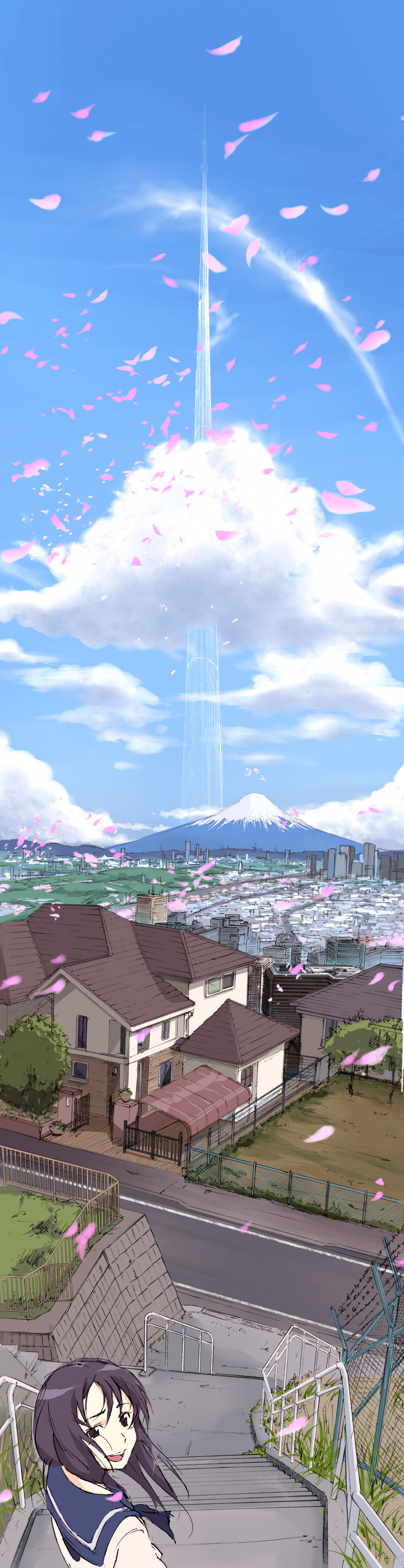barbed_wire brown_eyes cherry_blossoms city cloud clouds fence highres hill house kumosuke long_hair long_image looking_back megastructure mount_fuji mountain orbital_elevator petals purple_hair school_uniform serafuku sky smile stairs tall_image tower
