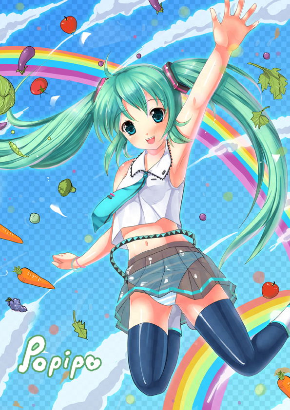 armpits bad_id blue_eyes broccoli broccoli_(vegetable) carrot eggplant food fruit grapes green_hair hatsune_miku long_hair midriff navel necktie panties poppippoo_(vocaloid) rainbow sadakofxe see-through skirt striped striped_panties thigh-highs thighhighs tomato twintails underwear vegetable vocaloid