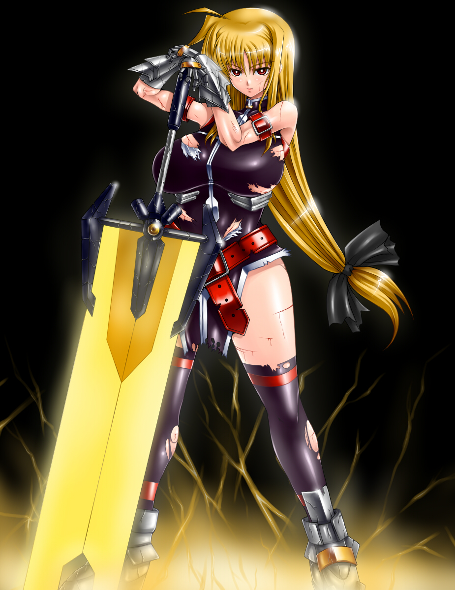 bleeding blonde_hair blood energy_sword fate_testarossa gao_(artist) gao_(naodayo) gloves highres long_hair mahou_shoujo_lyrical_nanoha mahou_shoujo_lyrical_nanoha_strikers muscle red_eyes ribbon sword thigh-highs thighhighs torn_clothes very_long_hair weapon wound