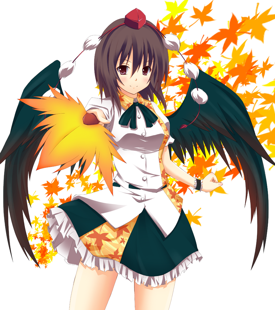 black_hair black_wings fan hat leaf leaves red_eyes shameimaru_aya short_hair tokin_hat touhou wings yuurakudou_kurono