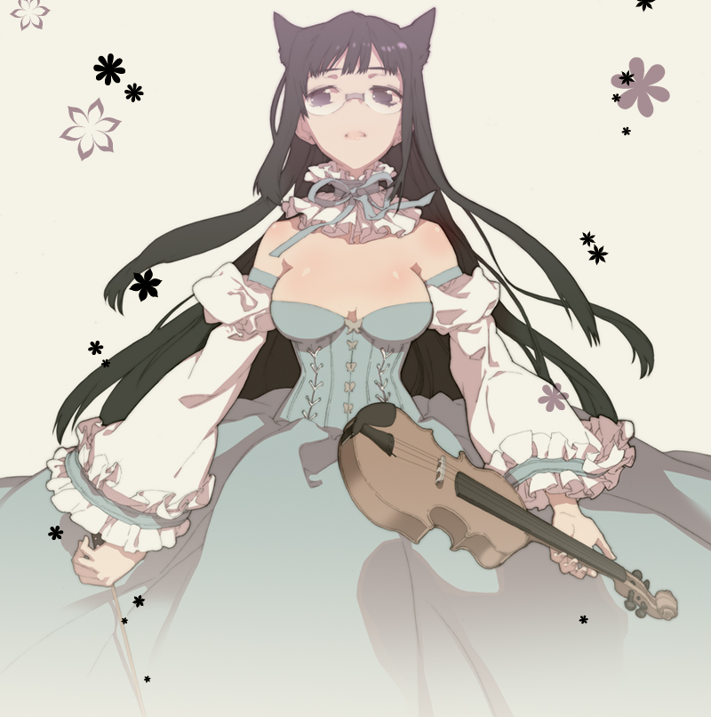 blue breasts brown_eyes dress female frills glasses h2so4 hands instrument large_breasts long_hair original ribbon ruffles simple_background violin