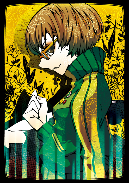brown_hair buttons clenched_hand fist flower frame glasses jacket makora_higa persona persona_4 profile satonaka_chie short_hair side sitting skirt smile yellow-framed_glasses
