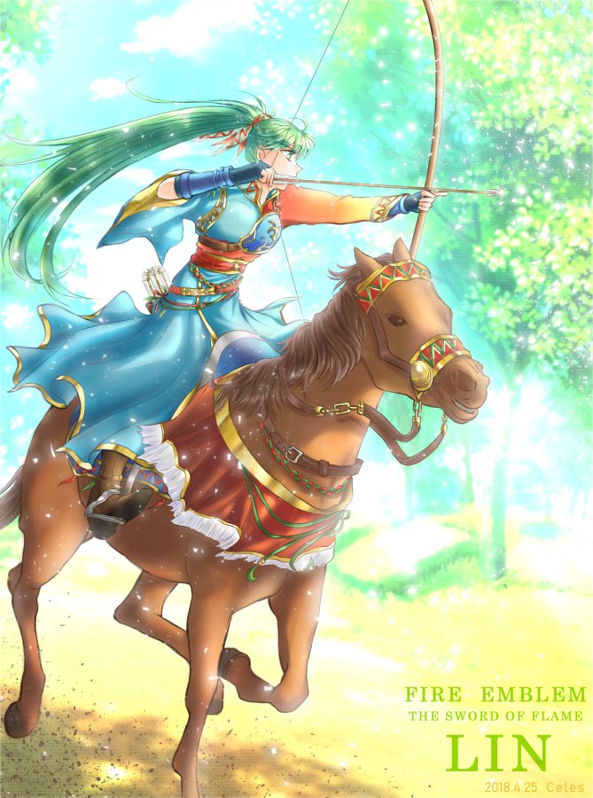1girl arrow bow_(weapon) fingerless_gloves fire_emblem fire_emblem:_rekka_no_ken fire_emblem_heroes gloves green_hair holding holding_arrow holding_bow_(weapon) holding_weapon horse horseback_riding lyndis_(fire_emblem) ponytail quiver riding solo weapon