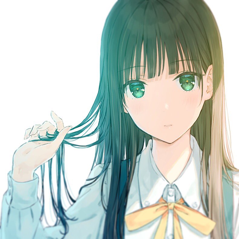 1girl arm_up backlighting bangs black_hair blunt_bangs blurry blush depth_of_field focused green_eyes head_tilt hime_cut hiten_(hitenkei) holding holding_hair light long_hair long_sleeves looking_at_viewer neck_ribbon original ribbon shiny shiny_hair simple_background skirt solo upper_body white_background