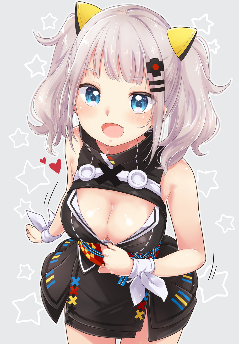 1girl :d bangs bare_shoulders black_dress blue_eyes blush breasts cleavage cleavage_cutout clothes_pull commentary_request cowboy_shot dress eyebrows_visible_through_hair fang grey_background hair_ornament hairclip heart highres kaguya_luna kaguya_luna_(character) large_breasts long_hair looking_at_viewer obi open_mouth sash sidelocks silver_hair simple_background sleeveless sleeveless_dress smile solo star twintails virtual_youtuber yukiu_kon