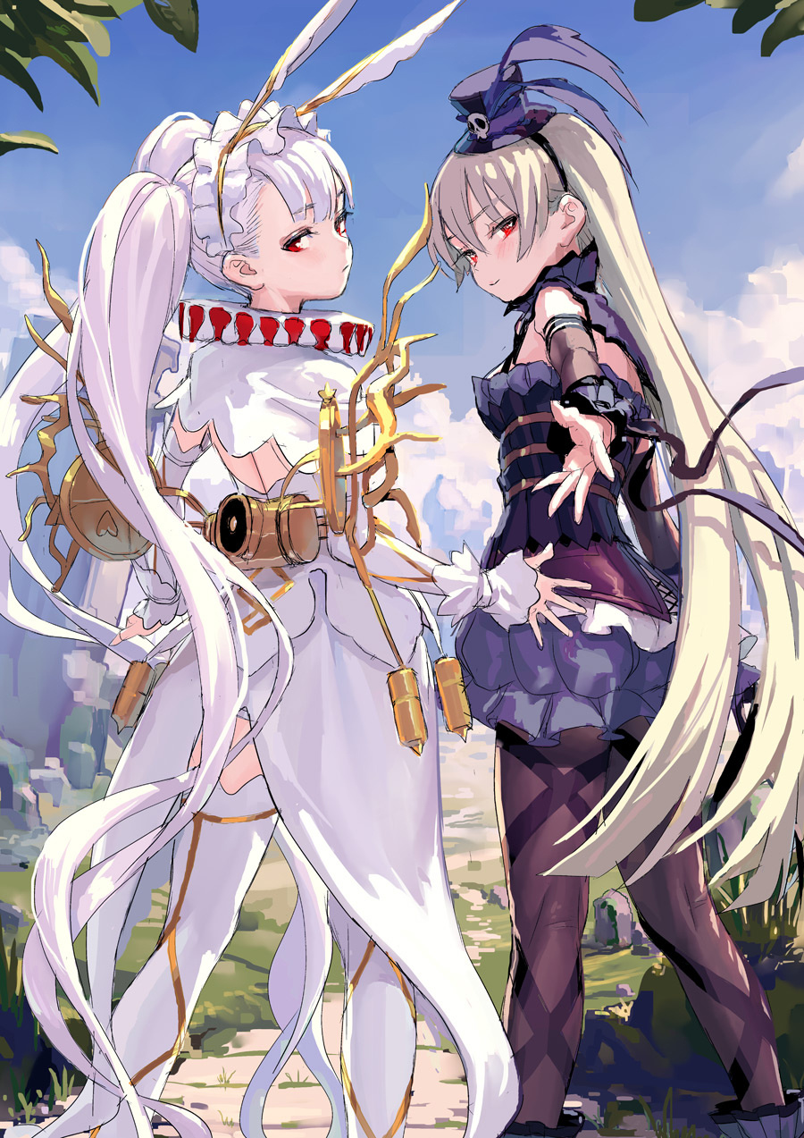 2girls bangs bare_shoulders black_hairband black_hat black_legwear blonde_hair bloomers blue_bloomers blue_sky capelet character_request clouds commentary_request day detached_sleeves dress eyebrows_visible_through_hair eyeshadow feathers feet_out_of_frame fkey from_behind hairband hat hat_feather highres kai-ri-sei_million_arthur lolita_hairband long_hair looking_at_viewer looking_back makeup million_arthur_(series) mini_hat mini_top_hat multiple_girls neck_ruff outdoors pantyhose reaching_out red_eyes silver_hair skull_print sky smile standing thigh-highs top_hat twintails uasaha underwear very_long_hair white_capelet white_dress white_legwear wrist_cuffs zettai_ryouiki