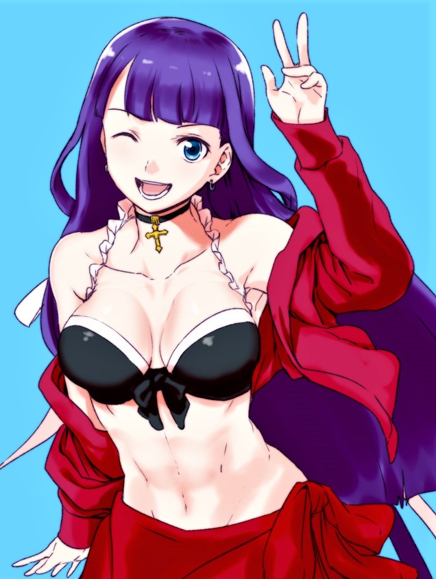 ;d aoba_(smartbeat) armpits bangs bare_shoulders bikini_top black_bikini_top black_ribbon blue_background blue_eyes blunt_bangs blush breasts cleavage collarbone cross_choker earrings fate/grand_order fate_(series) front-tie_bikini front-tie_top jacket jewelry long_hair long_sleeves looking_at_viewer medium_breasts navel off_shoulder one_eye_closed open_clothes open_jacket open_mouth purple_hair red_jacket red_ribbon ribbon saint_martha saint_martha_(swimsuit_ruler)_(fate) sarong simple_background smile straight_hair toned upper_body very_long_hair