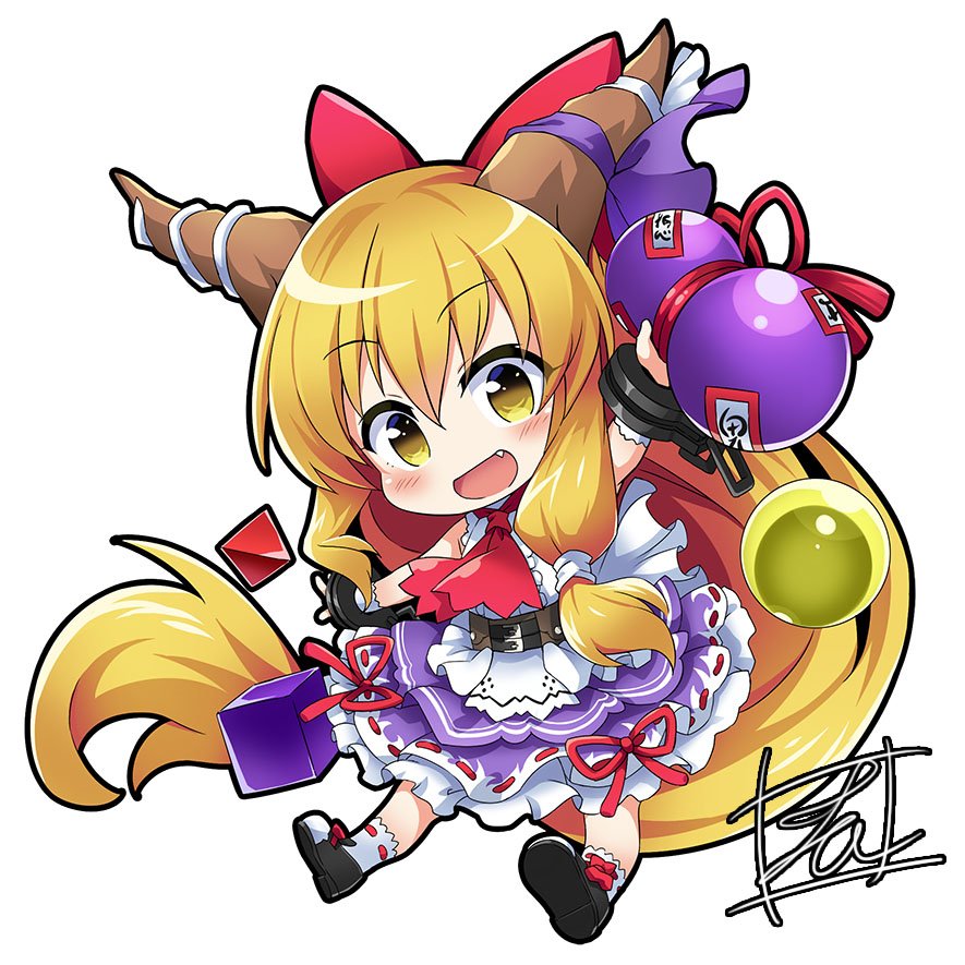 1girl :d arm_up bangs black_footwear blonde_hair blush bow chains chibi commentary_request cuffs eyebrows_visible_through_hair fang frilled_skirt frills full_body gourd hair_bow holding horn_bow horns ibuki_suika long_hair looking_at_viewer open_mouth purple_bow red_bow ribbon-trimmed_skirt ribbon_trim shackles sidelocks signature simple_background skirt sleeveless smile socks solo tirotata touhou very_long_hair white_background white_legwear yellow_eyes