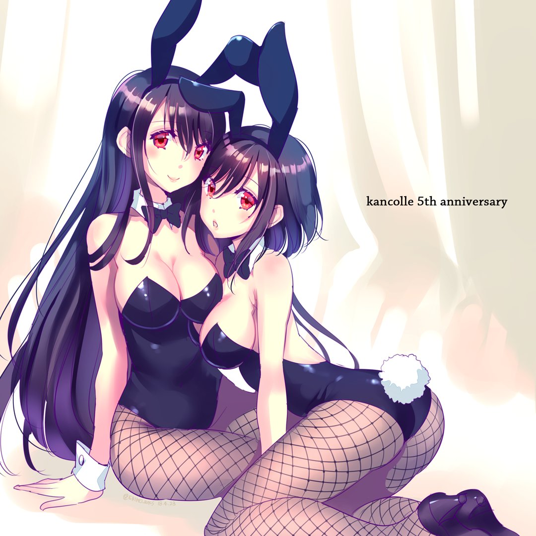 2girls animal_ears anniversary ass black_footwear black_hair black_leotard black_neckwear bow bowtie breasts brown_legwear bunny_tail bunnysuit cleavage detached_collar fishnet_pantyhose fishnets fusou_(kantai_collection) high_heels kantai_collection leotard long_hair looking_at_viewer matching_outfit medium_breasts multiple_girls nishimura_eri pantyhose rabbit_ears red_eyes short_hair strapless strapless_leotard tail wrist_cuffs yamashiro_(kantai_collection)