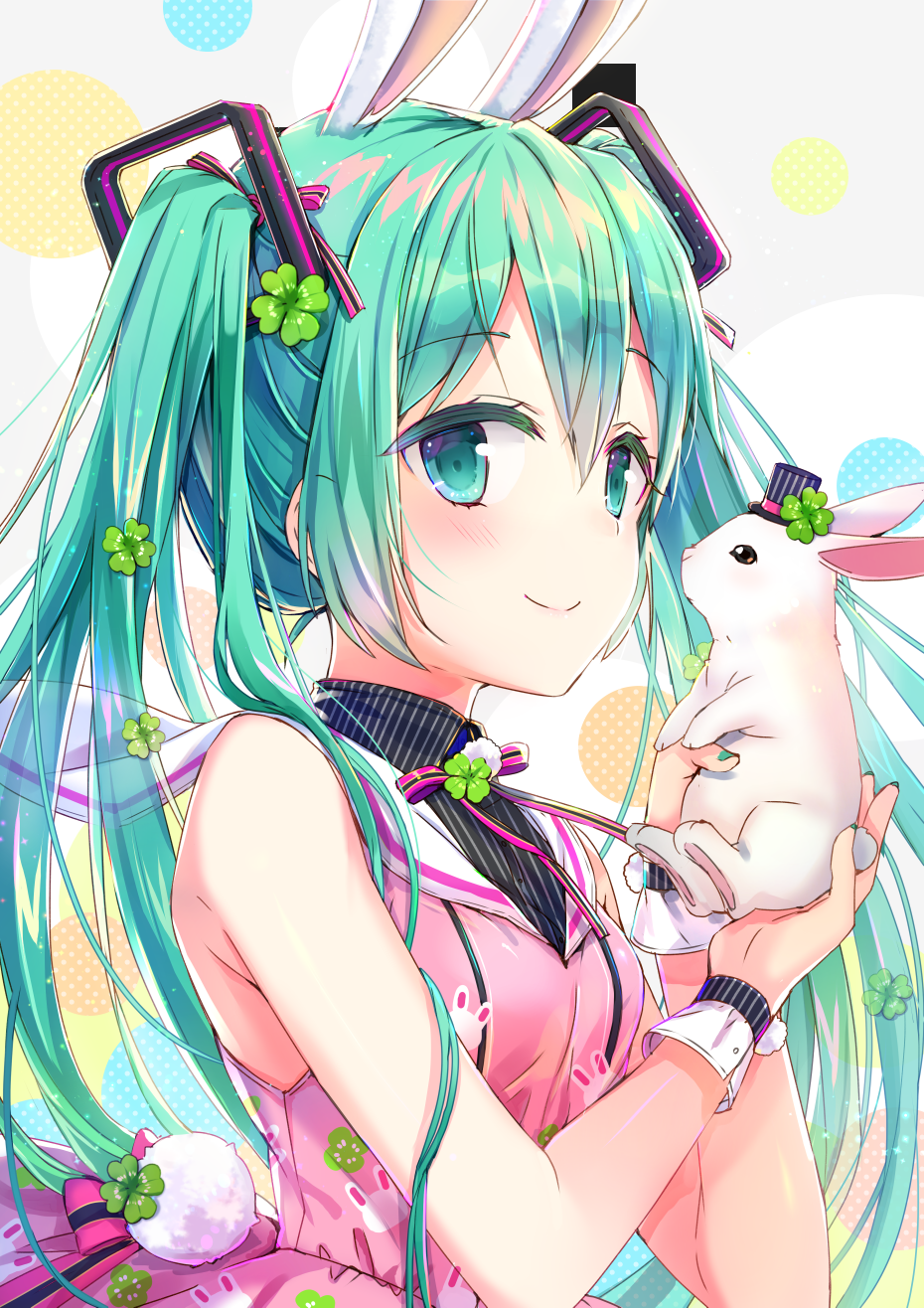 1girl abstract_background animal aqua_eyes aqua_hair bangs bare_shoulders black_hat blush closed_mouth clover_hair_ornament colored_eyelashes dress eyebrows_visible_through_hair four-leaf_clover_hair_ornament green_nails hair_ornament hat hatsune_miku highres holding holding_animal jin_young-in long_hair looking_at_viewer mini_hat mini_top_hat nail_polish neck_ribbon pink_dress pink_neckwear pink_ribbon pom_pom_(clothes) rabbit ribbon shiny shiny_hair sleeveless sleeveless_dress smile solo top_hat twintails two-handed upper_body vertical-striped_hat very_long_hair vocaloid wrist_cuffs