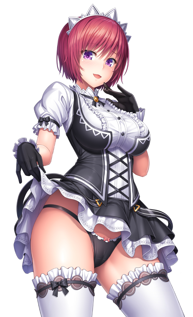 1girl bangs black_dress black_gloves black_panties black_ribbon blush bow bow_panties breasts commentary_request dress dress_lift eyebrows_visible_through_hair frilled_dress frilled_gloves frilled_legwear frills gloves lambda_(kusowarota) large_breasts lifted_by_self looking_at_viewer maid_headdress nel_zelpher open_mouth panties puffy_short_sleeves puffy_sleeves purple_hair ribbon short_hair short_sleeves simple_background solo standing star_ocean star_ocean_anamnesis thigh-highs underwear violet_eyes white_background white_legwear