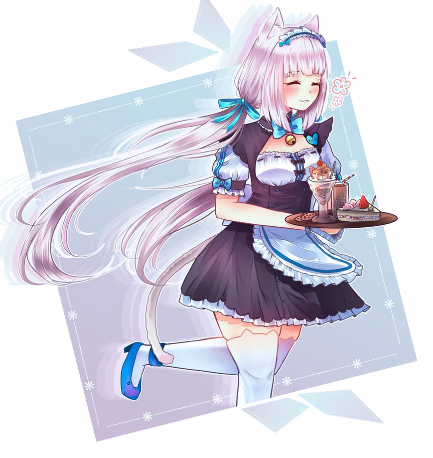 1girl ^_^ animal_ears apron bell blue_bow blue_footwear blue_ribbon blush bow bowtie cake cat_ears closed_eyes commentary cookie drinking_straw food frilled_apron frills glass hair_ribbon jingle_bell long_hair low_twintails maid maid_headdress nekopara pastry puffy_short_sleeves puffy_sleeves ribbon ribbon-trimmed_clothes ribbon_trim shoes short_sleeves silver_hair solo suulore thigh-highs tray twintails vanilla_(sayori) very_long_hair waist_apron white_legwear