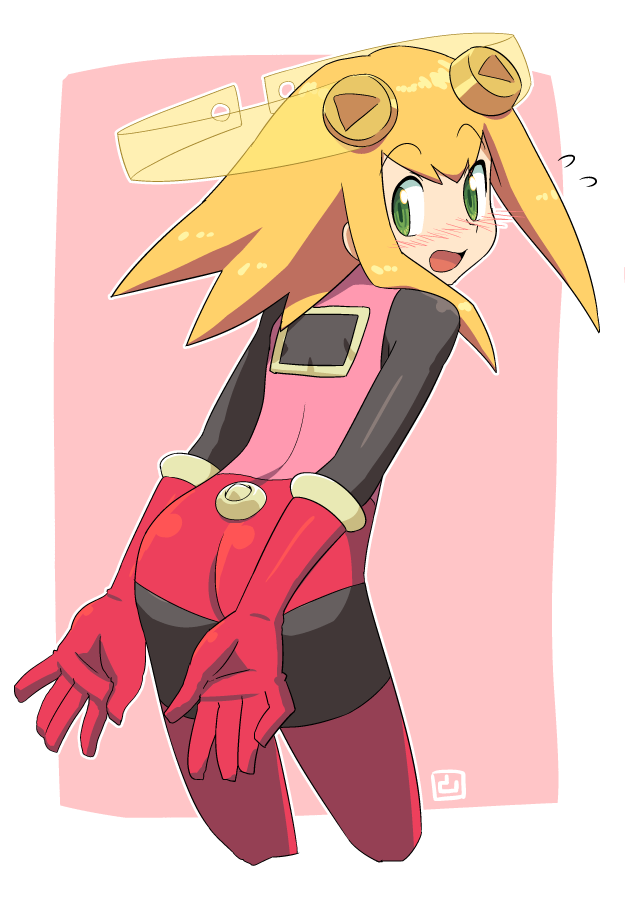 alternate_costume bent_over blonde_hair blush bodysuit capcom cosplay elbow_gloves embarrassed eyebrows_visible_through_hair gloves green_eyes legs_apart looking_at_viewer looking_back muu_(mumumer) open_mouth red_gloves rockman rockman_dash rockman_exe roll_caskett roll_exe roll_exe_(cosplay) sidelocks thigh-highs