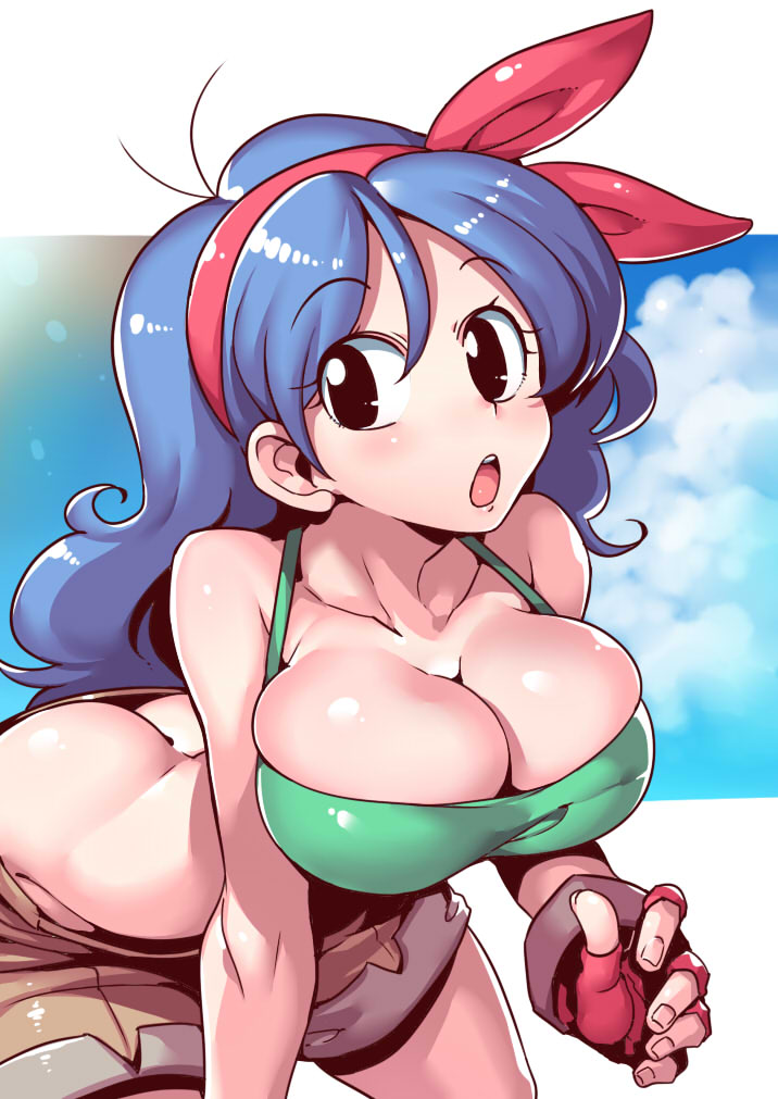 1girl :o ass bent_over black_eyes blue_hair blue_sky breasts bursting_breasts butt_crack cleavage clouds collarbone crop_top dragon_ball fingerless_gloves gloves hairband large_breasts looking_at_viewer lunch_(dragon_ball) open_mouth short_shorts shorts simple_background sky tank_top tsuki_wani white_background