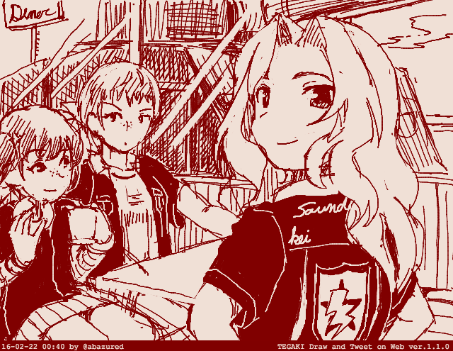 3girls abazu-red alisa_(girls_und_panzer) alternate_costume character_name emblem food freckles girls_und_panzer hair_intakes hamburger kay_(girls_und_panzer) long_hair looking_at_viewer monochrome multiple_girls naomi_(girls_und_panzer) saunders_(emblem) shirt short_hair skirt smile t-shirt tegaki tegaki_draw_and_tweet