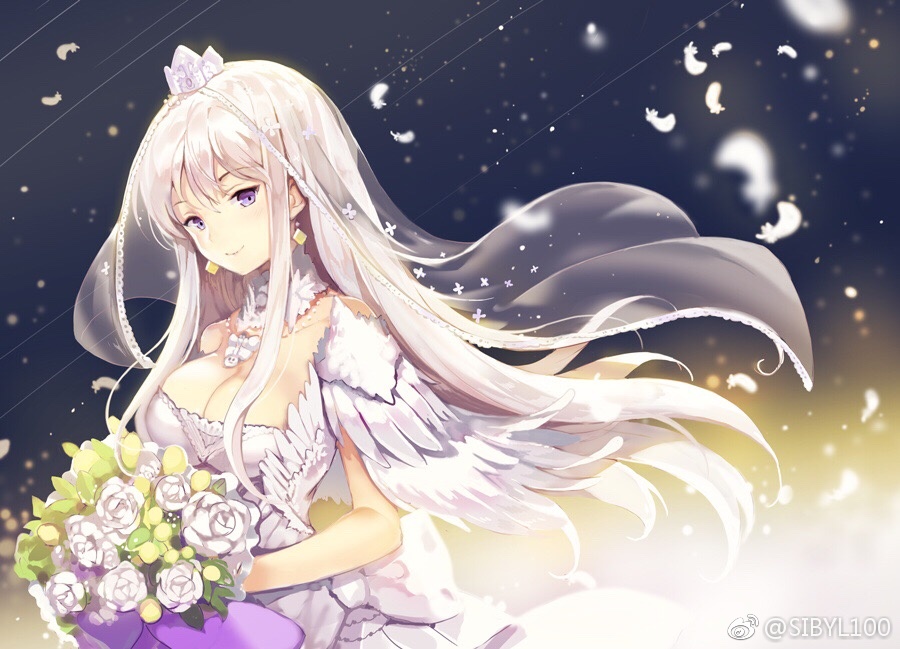 1girl azur_lane bouquet breasts bride cleavage closed_mouth crown detached_collar dress enterprise_(azur_lane) feathers floating_hair flower jewelry large_breasts long_hair looking_at_viewer necklace pink_hair rose sibyl smile solo standing veil violet_eyes wedding_dress white_dress white_flower white_rose