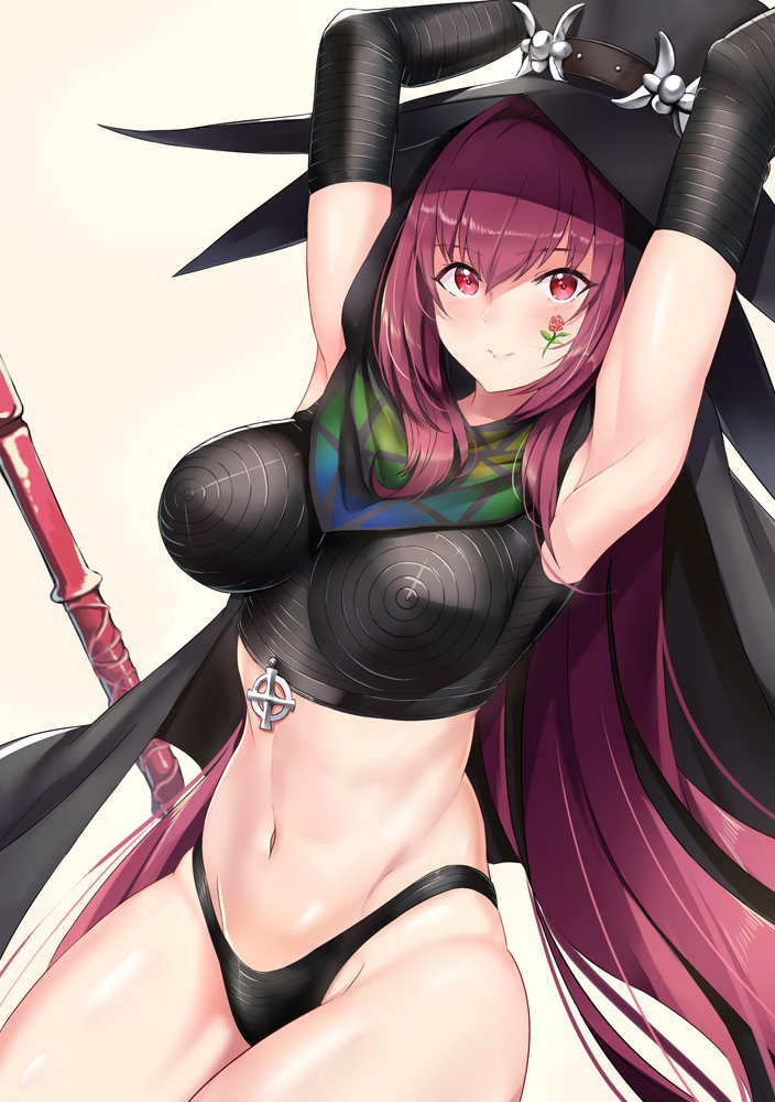 1girl armpits arms_up black_gloves black_hat black_panties closed_mouth cosplay cowboy_shot elbow_gloves facial_tattoo fate/grand_order fate_(series) flower_tattoo gae_bolg gloves hat i.f.s.f long_hair looking_at_viewer multicolored multicolored_clothes multicolored_scarf namesake panties purple_hair red_eyes scarf scathach_(fate/grand_order) scathach_(shin_megami_tensei) scathach_(shin_megami_tensei)_(cosplay) shin_megami_tensei simple_background smile solo tattoo underwear white_background