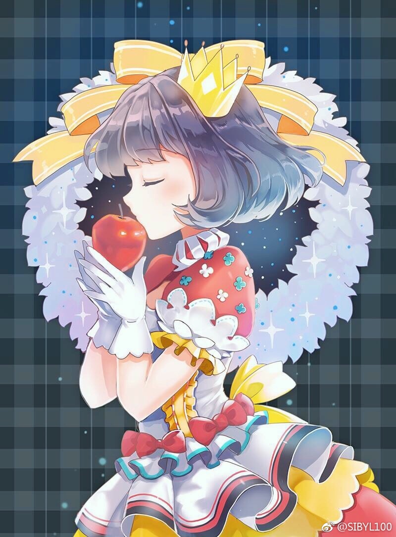 1girl apple blush bow closed_eyes commentary_request crown eyebrows_visible_through_hair food frills fruit gloves original profile puffy_short_sleeves puffy_sleeves purple_hair red_bow short_sleeves sibyl skirt solo white_gloves