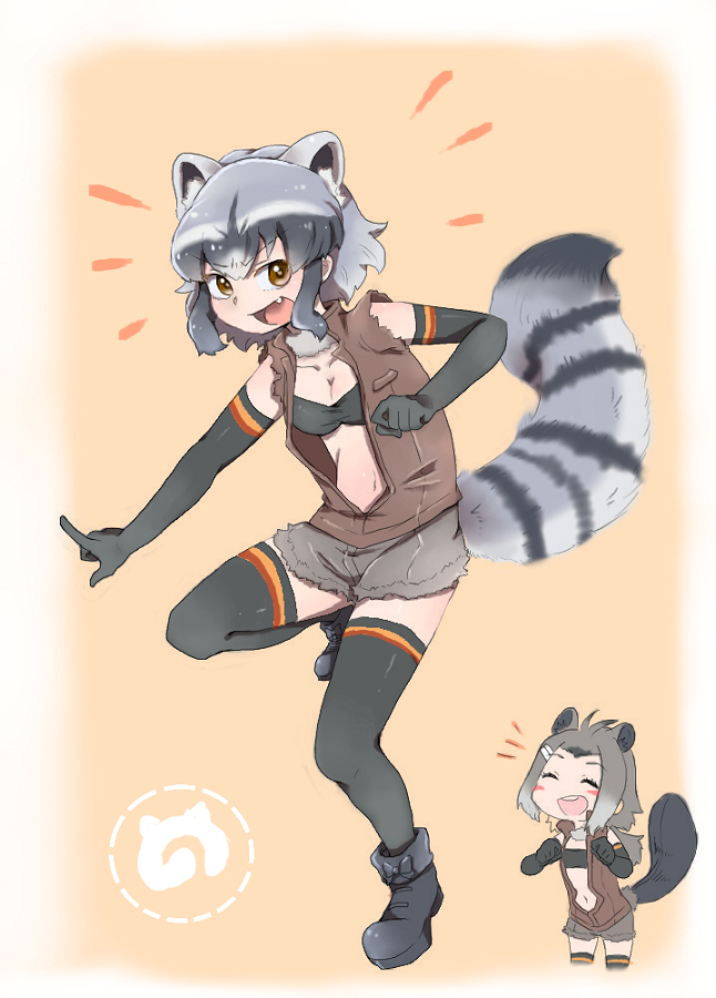 2girls american_beaver_(kemono_friends) animal_ears beaver_ears beaver_tail bra check_commentary clenched_hands commentary commentary_request common_raccoon_(kemono_friends) cosplay costume_switch elbow_gloves eyebrows_visible_through_hair fang gloves grey_hair hair_ornament hairclip japari_symbol kemono_friends midriff multicolored_hair multiple_girls navel open_mouth peperon_(801mominoki) raccoon_ears raccoon_tail short_hair shorts tail thigh-highs underwear vest