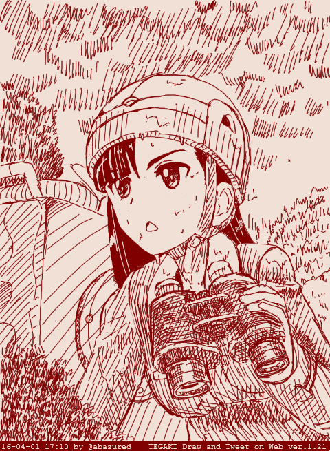 1girl abazu-red asymmetrical_bangs bangs binoculars black_hair chi-hatan_military_uniform girls_und_panzer long_hair monochrome nishi_kinuyo nishi_koutarou solo sweat tegaki tegaki_draw_and_tweet upper_body