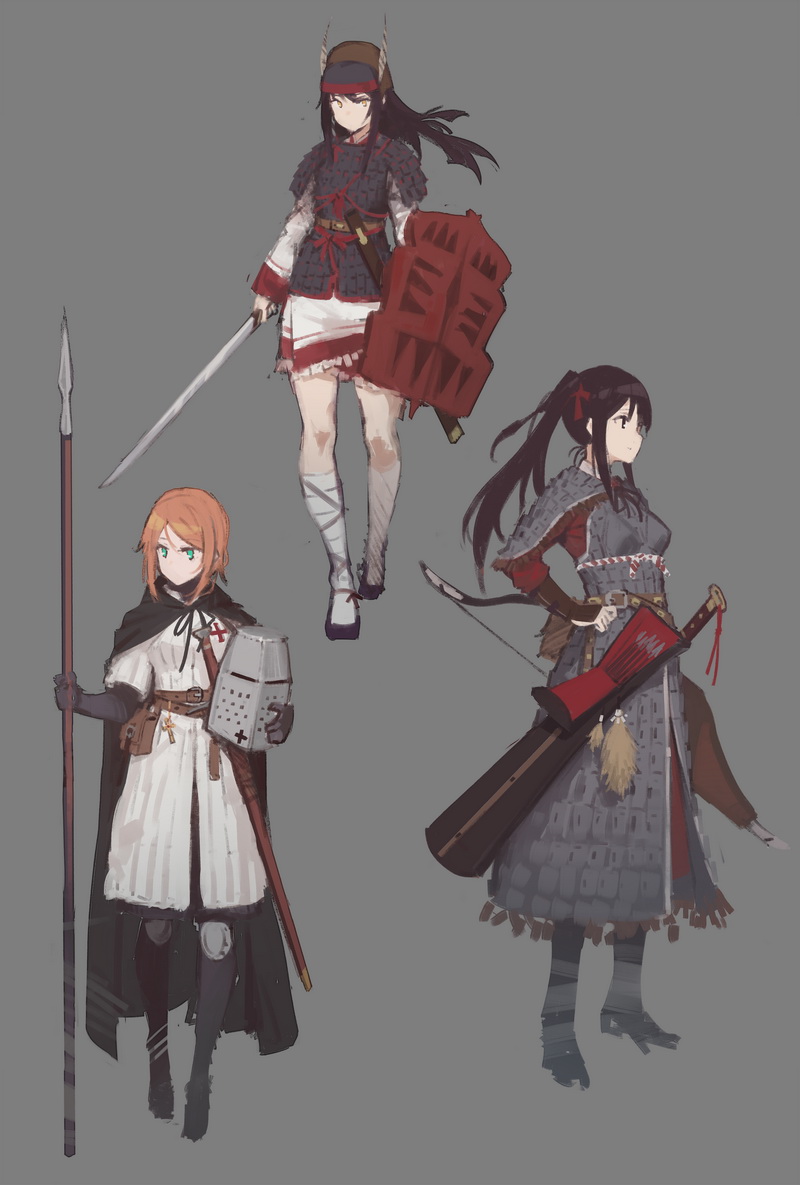 3girls armor armored_dress belt black_cape blue_eyes bow_(weapon) bracer brown_eyes brown_hair cape fangdan_runiu grey_background hand_on_hip headwear_removed helm helmet helmet_removed holding holding_helmet holding_sword holding_weapon knee_pads lance military multiple_girls orange_hair original polearm ponytail quiver scabbard sheath shield simple_background standing sword weapon white_legwear