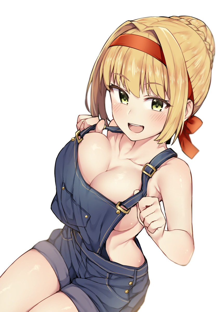 1girl bangs bare_shoulders blush braid breasts cleavage collarbone commentary_request eyebrows_visible_through_hair fate/zero fate_(series) french_braid green_eyes hair_intakes hairband highres jp06 large_breasts legs_together looking_at_viewer naked_overalls nero_claudius_(fate) nero_claudius_(fate)_(all) open_mouth overalls red_hairband round_teeth shiny shiny_skin simple_background smile solo teeth tsurime upper_teeth white_background