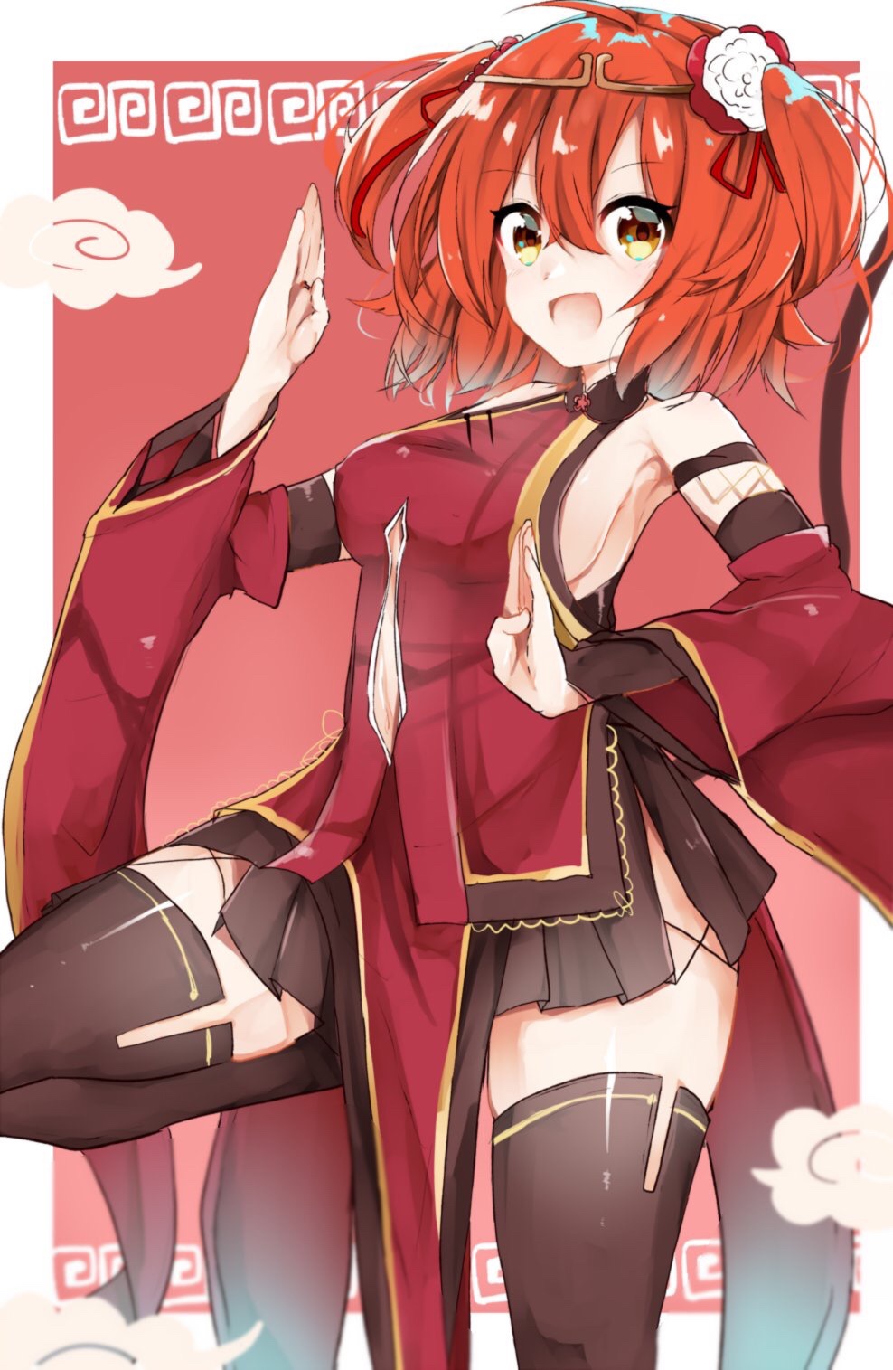 1girl ahoge alternate_hairstyle armpits bare_shoulders black_legwear breasts brown_eyes center_opening chinese_clothes derivative_work eyebrows_visible_through_hair fate/grand_order fate_(series) fighting_stance flower fujimaru_ritsuka_(female) hair_between_eyes hair_flower hair_ornament hair_ribbon harusame_(moyuna412) highres leg_up long_sleeves looking_at_viewer medium_breasts miniskirt navel orange_hair outside_border red_ribbon red_skirt ribbon shiny shiny_hair short_hair sideboob skirt solo standing standing_on_one_leg tareme thigh-highs two_side_up wide_sleeves