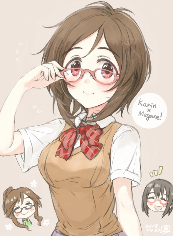 3girls adjusting_eyewear bangs black_hair blush bow breasts brown_hair brown_vest bun'ya_(0874cirno141) character_name closed_eyes closed_mouth doumyouji_karin flower flying_sweatdrops glasses hair_bun idolmaster idolmaster_cinderella_girls kamijou_haruna long_hair looking_at_viewer medium_breasts multiple_girls red-framed_eyewear red_bow red_eyes semi-rimless_eyewear shirt short_hair short_sleeves sidelocks simple_background smile takamori_aiko vest white_shirt