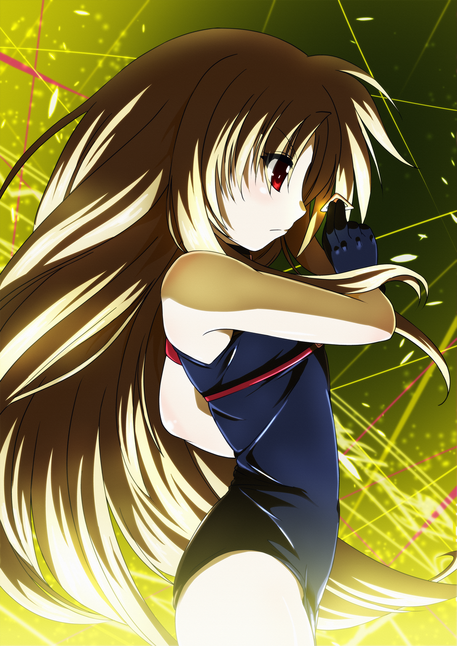 1girl bangs bardiche black_gloves black_leotard blonde_hair closed_mouth commentary_request cowboy_shot eyebrows_visible_through_hair fate_testarossa from_side frown gloves highres holding leotard light_particles long_hair lyrical_nanoha magic_circle mahou_shoujo_lyrical_nanoha mahou_shoujo_lyrical_nanoha_innocent red_eyes sleeveless solo standing tappa_(esperanza) v-shaped_eyebrows