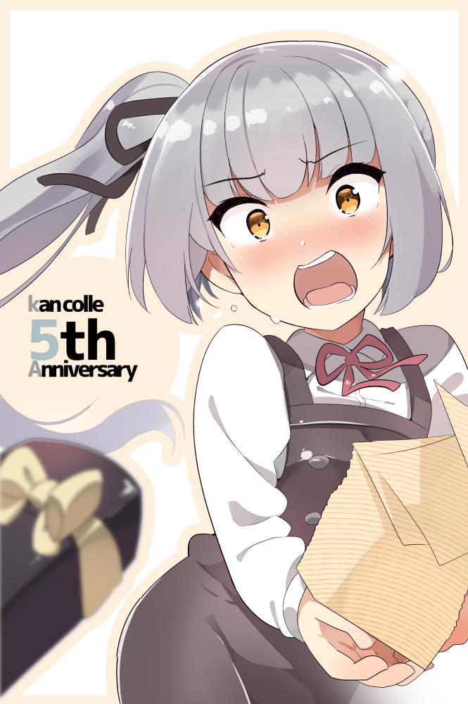 1girl anniversary belt black_ribbon blush box buttons dress gift gift_box grey_hair hair_ribbon kantai_collection kasumi_(kantai_collection) long_hair long_sleeves neck_ribbon open_mouth papers pinafore_dress red_ribbon remodel_(kantai_collection) ribbon school_uniform shirt shiyoo side_ponytail silver_hair sleeveless sleeveless_dress tears white_shirt yellow_eyes