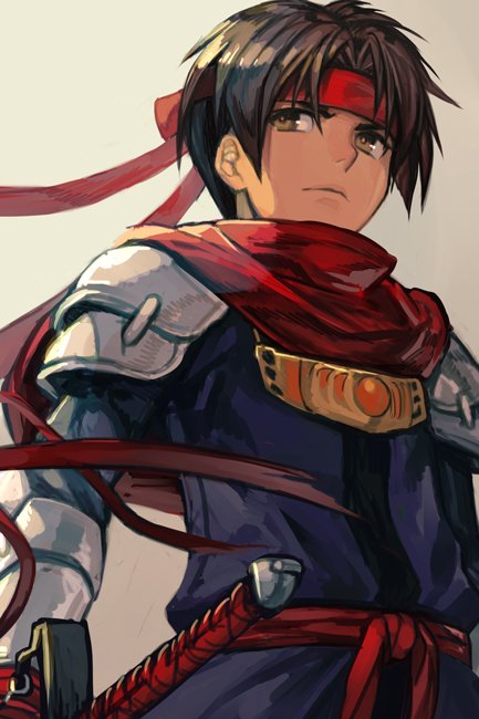 1boy arc_(arc_the_lad) arc_the_lad belt brown_eyes brown_hair capelet gauntlets hankuri headband pauldrons sword weapon