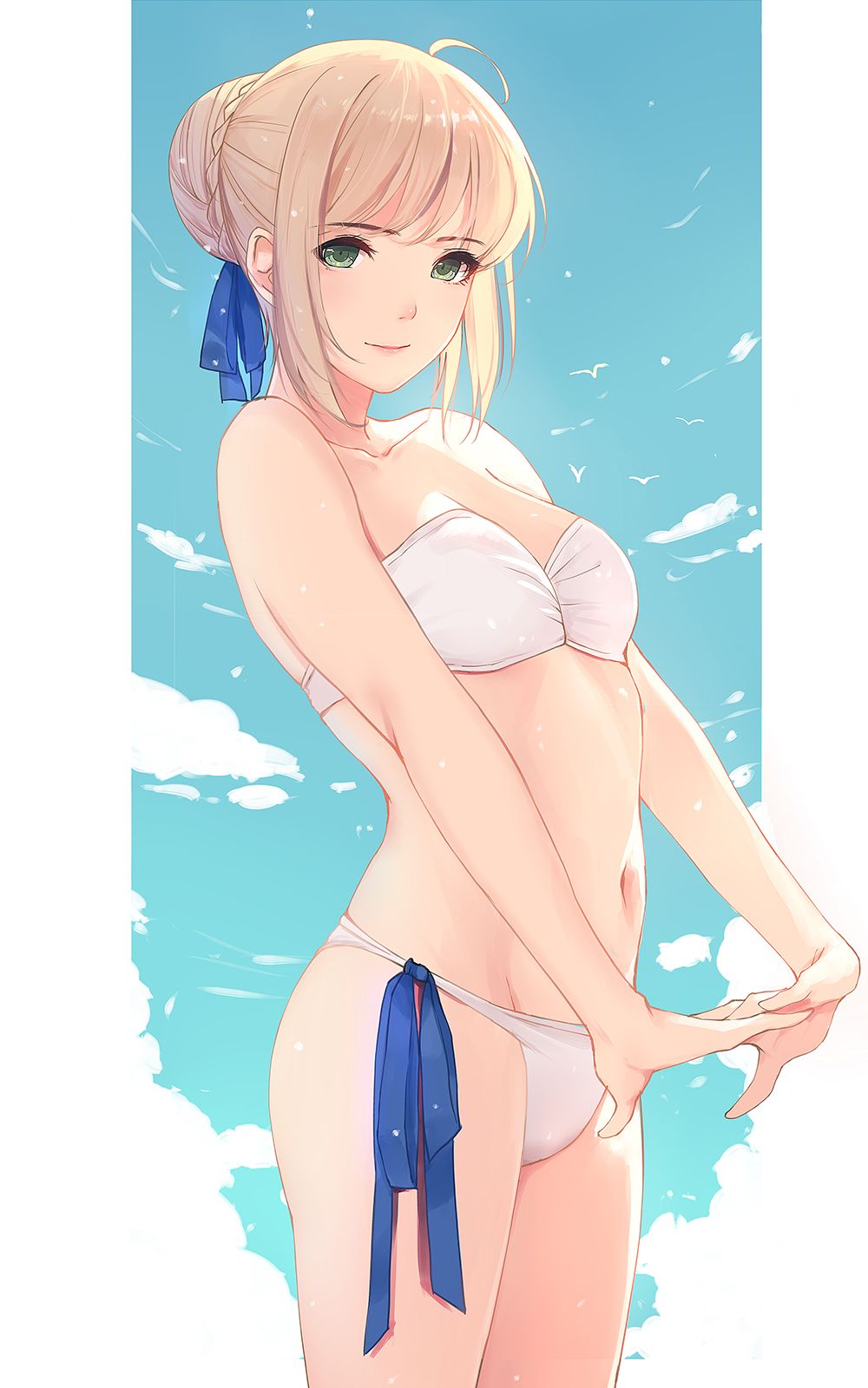 1girl ahoge arched_back artoria_pendragon_(all) bandeau bangs bare_arms bare_shoulders bikini bird blonde_hair blue_ribbon blue_sky braid breasts caidychen cleavage closed_mouth clouds commentary_request cowboy_shot day eyebrows_visible_through_hair fate/stay_night fate_(series) french_braid from_side green_eyes groin hair_bun hair_ribbon highres interlocked_fingers looking_at_viewer medium_breasts navel outdoors own_hands_together ribbon shiny shiny_hair short_hair side-tie_bikini sidelocks skirt sky smile solo standing stomach strapless strapless_bikini swimsuit white_bikini