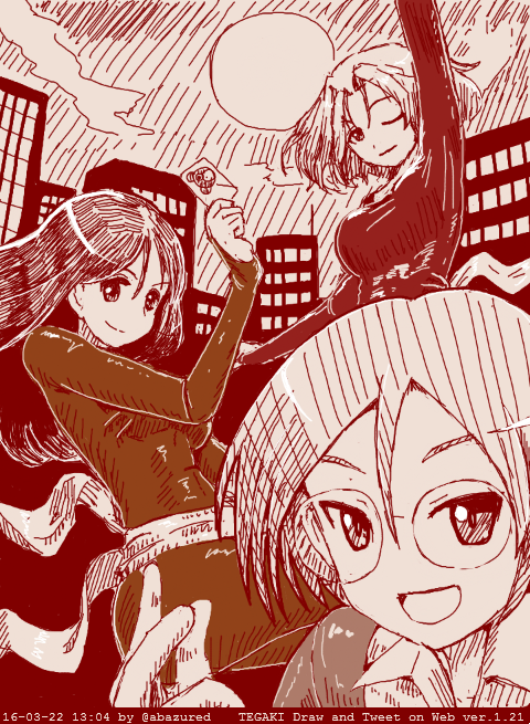 3girls ;) abazu-red arm_up character_request girls_und_panzer glasses hair_between_eyes long_hair monochrome multiple_girls one_eye_closed short_hair smile snapping_fingers tegaki tegaki_draw_and_tweet